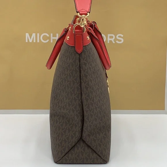Michael Kors Travel Large Top Zip North South Tote Bag Flame/Brown signa… - Picture 5 of 16